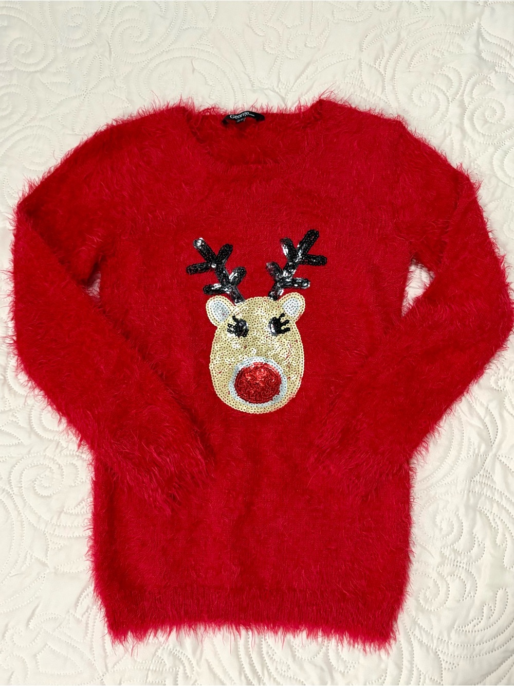 George Red Fuzzy Reindeer Sequin Sweater